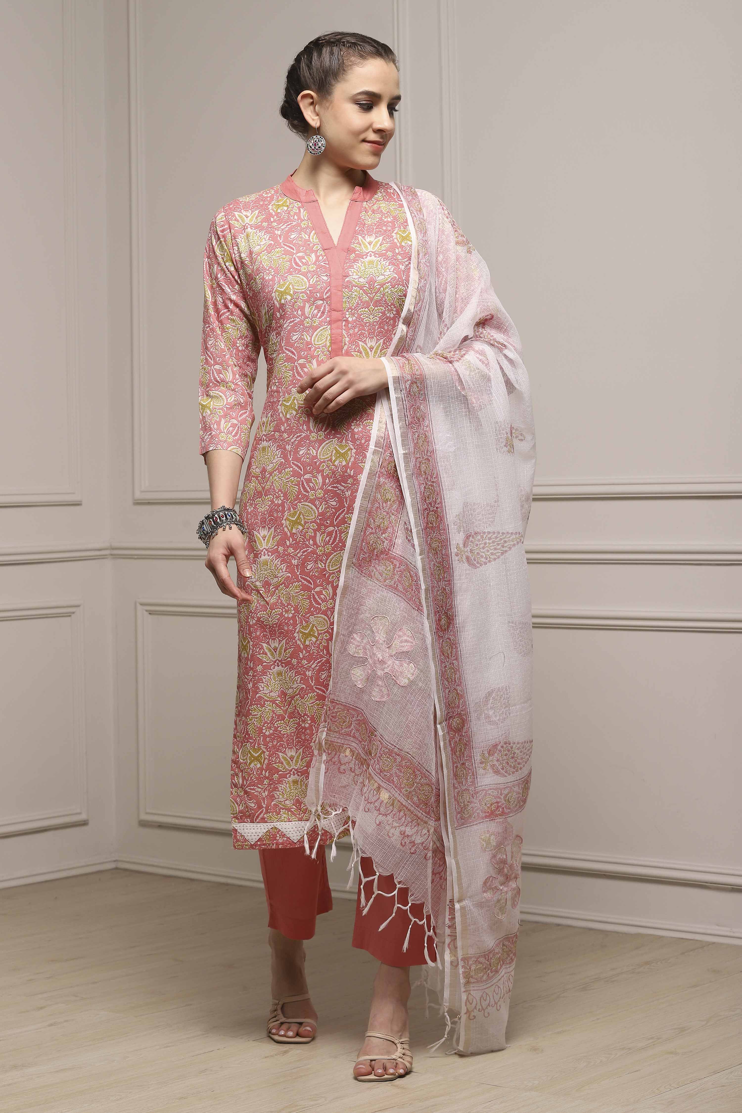 Pink Cotton Hand Block Print Unstitched Suit Set image number 1