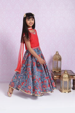 Red And Blue Poly Cotton Lehenga Set image number 8
