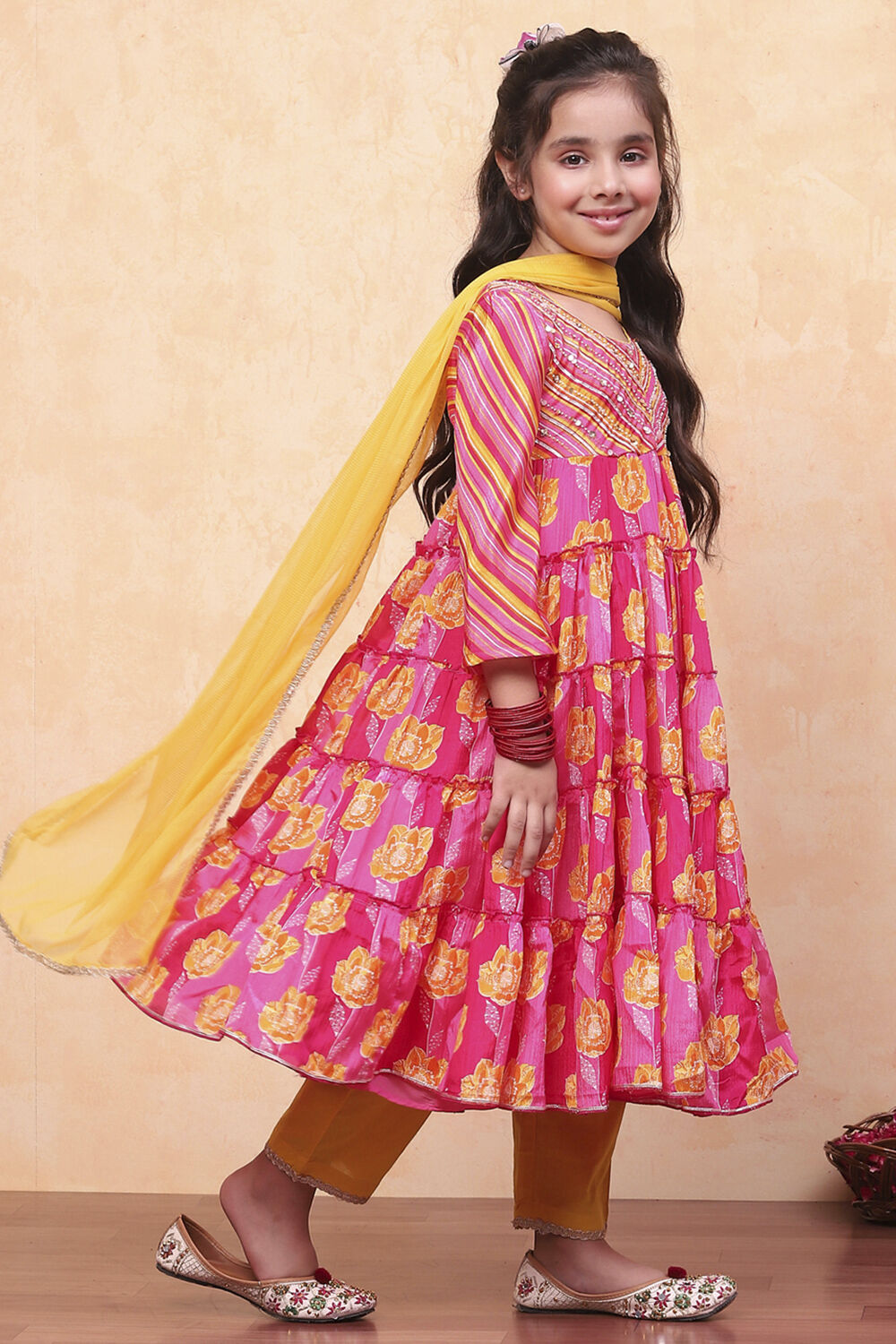 Pink and Yellow Floral Printed Tiered Suit Set image number 5