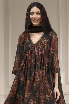 Charcoal Black Printed Gathered Suit Set image number 1