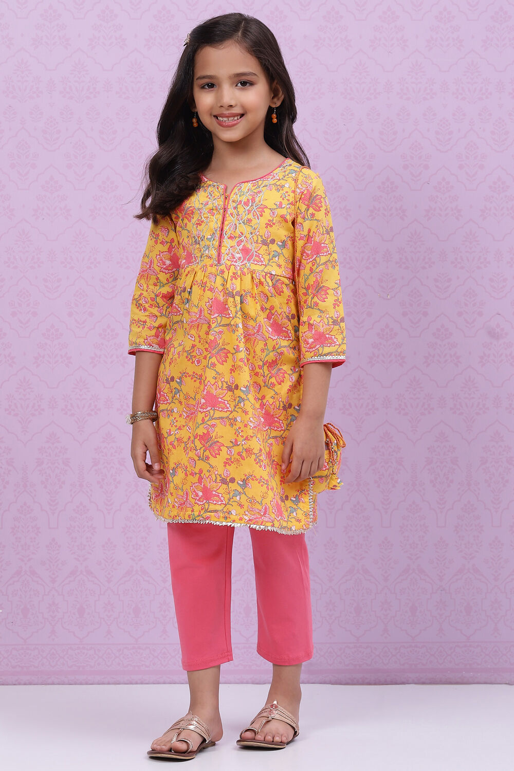 Yellow Cotton Flared Printed Kurta Set image number 3