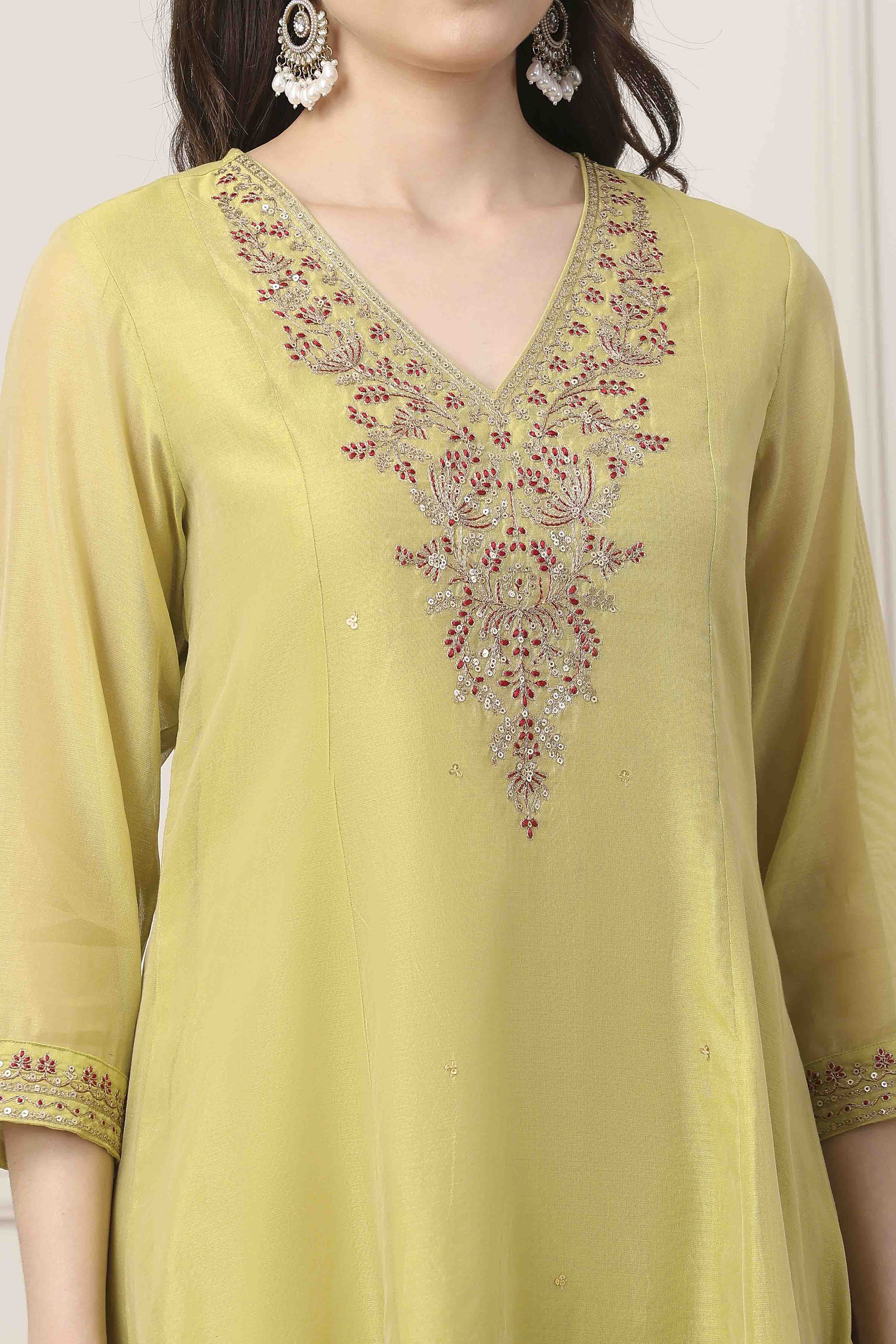 Green Poly Chanderi Sequined Kalidar Suit Set image number 1
