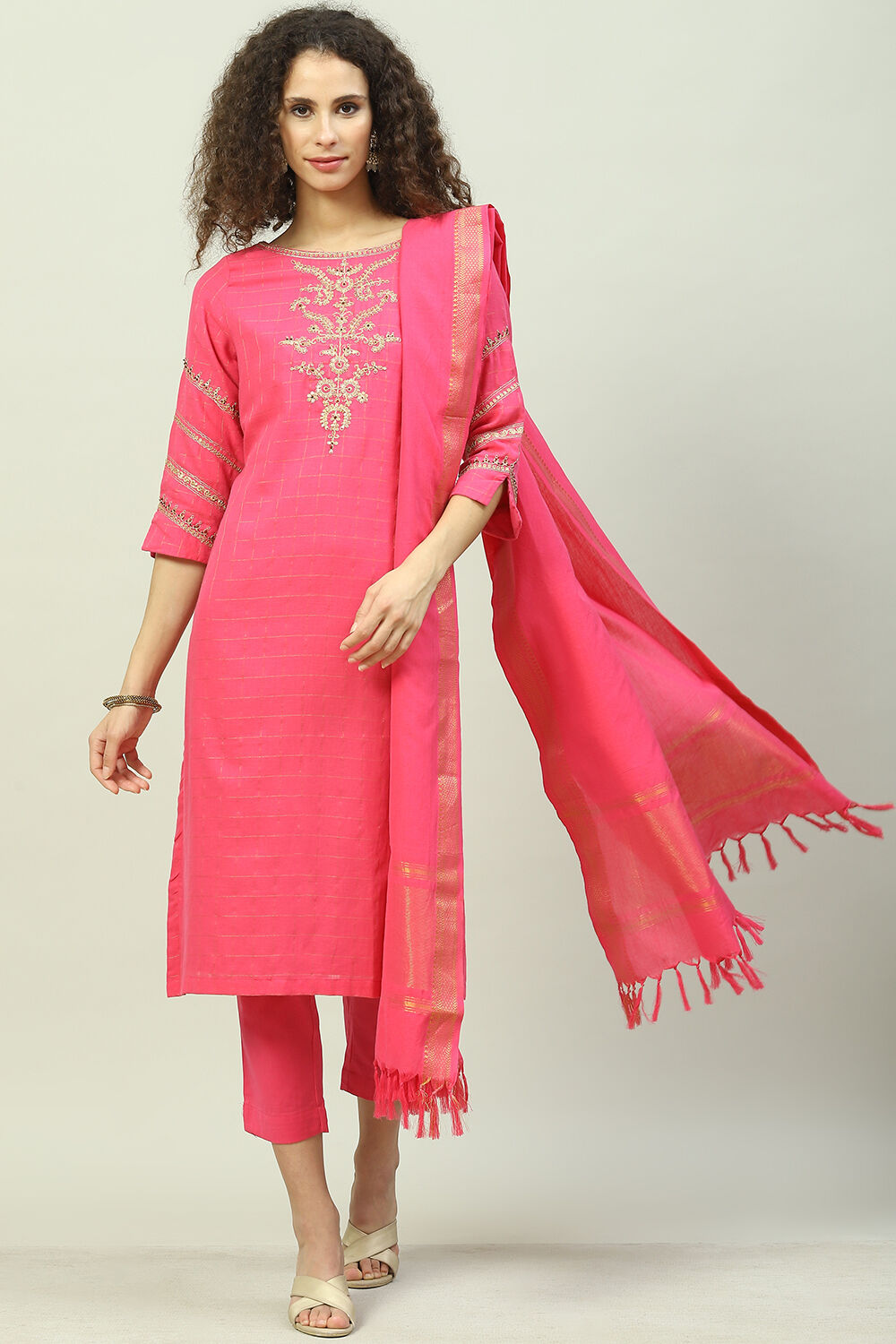 Turquoise Cotton Straight Kurta Slim Pants Suit Set image number 7