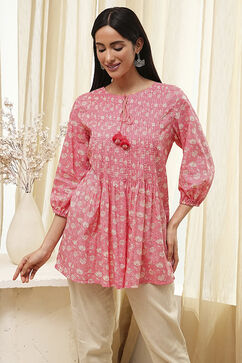 Coral Cotton Pleated Short Kurta image number 5