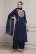 Blue Viscose Rayon Dyed Straight Suit Set image number 5