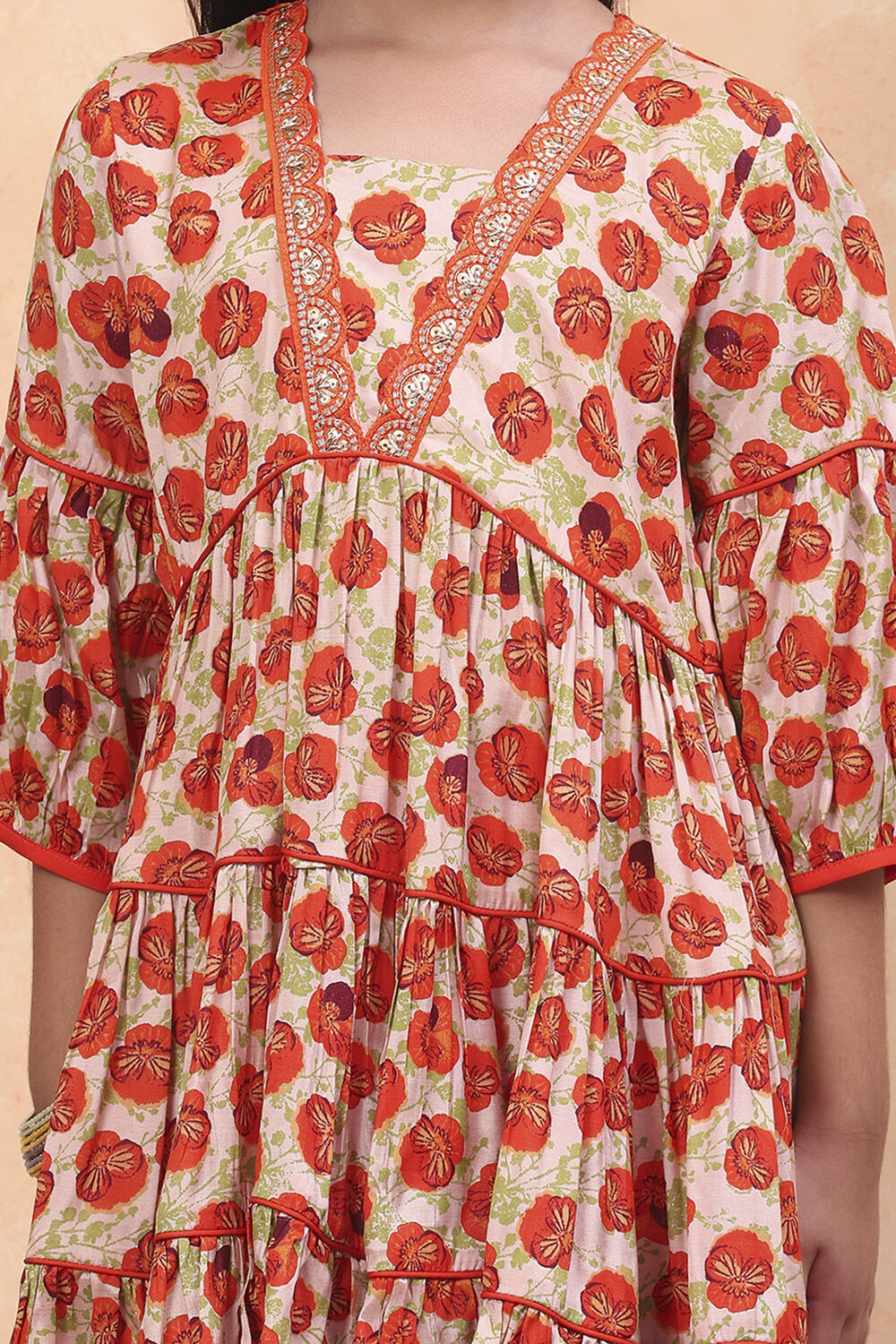 Orange Viscose Floral Printed Festive Tiered Suit Set image number 1