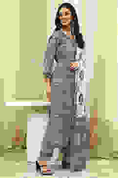 Grey Cotton Screen Print Unstitched Suit Set image number 5