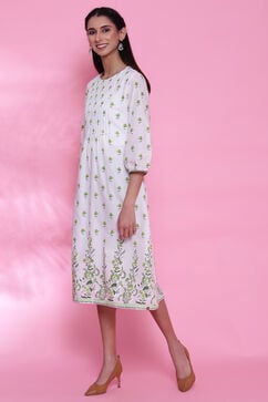 White And Green Cotton Kurta  Printed Kurta Dress image number 3