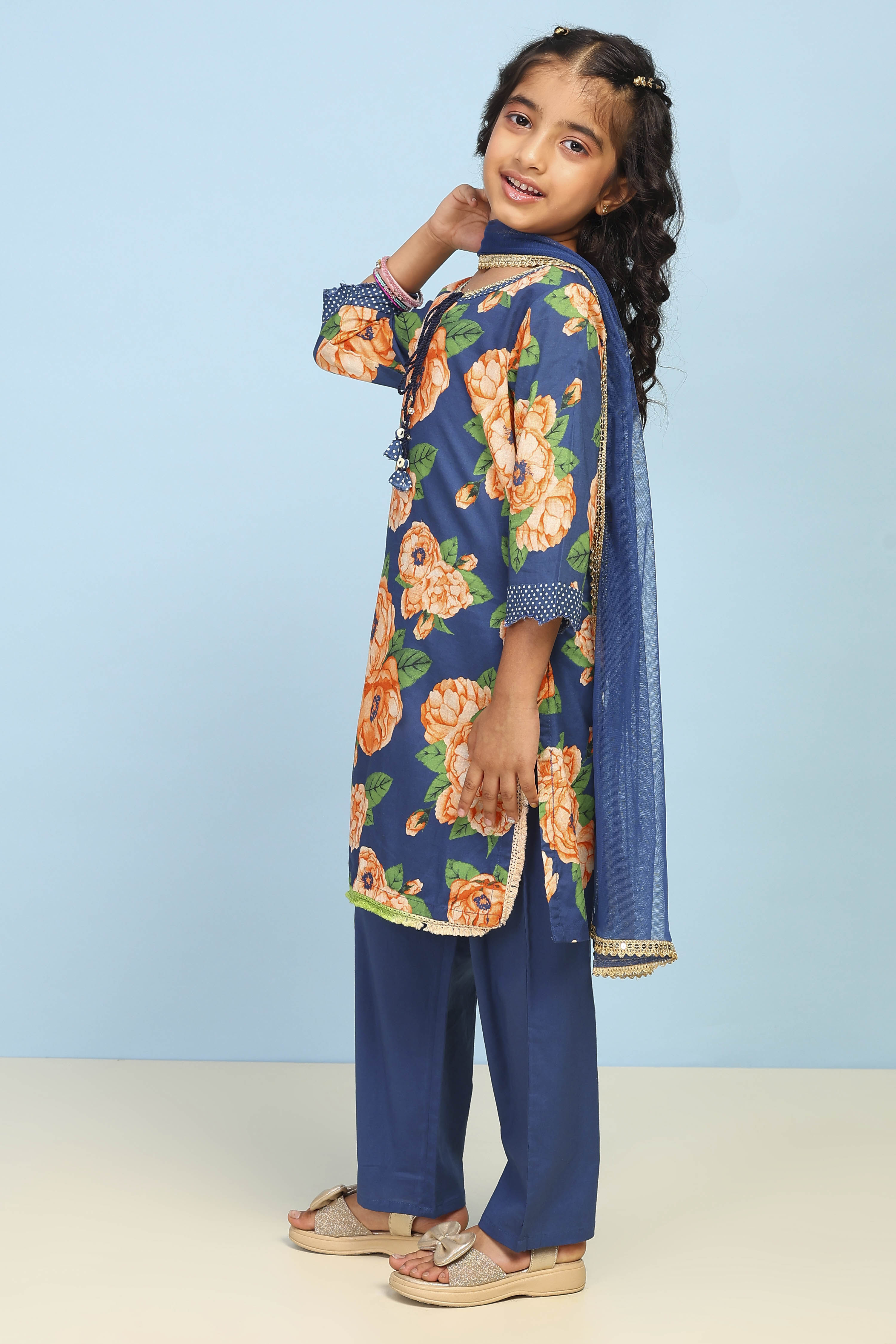 Blue Cotton Straight Printed Suit Set image number 3