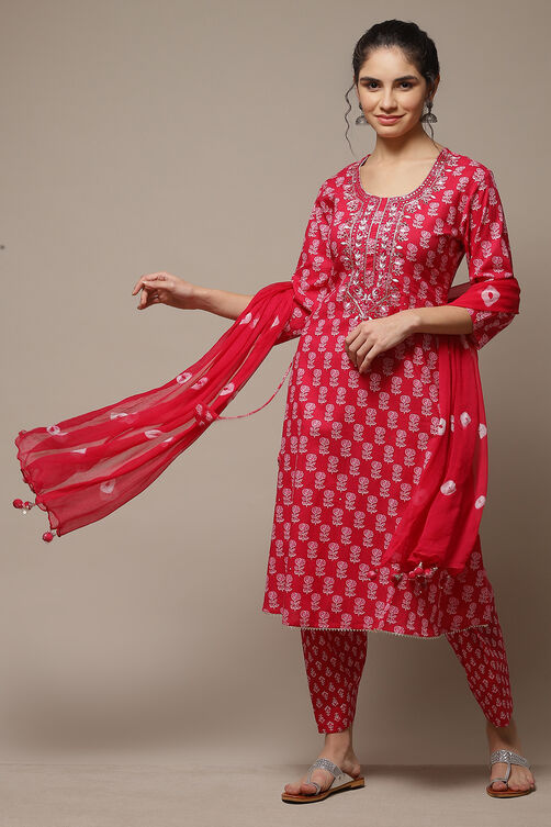 Pink Cotton Hand Block Print Unstitched Suit Set image number 0