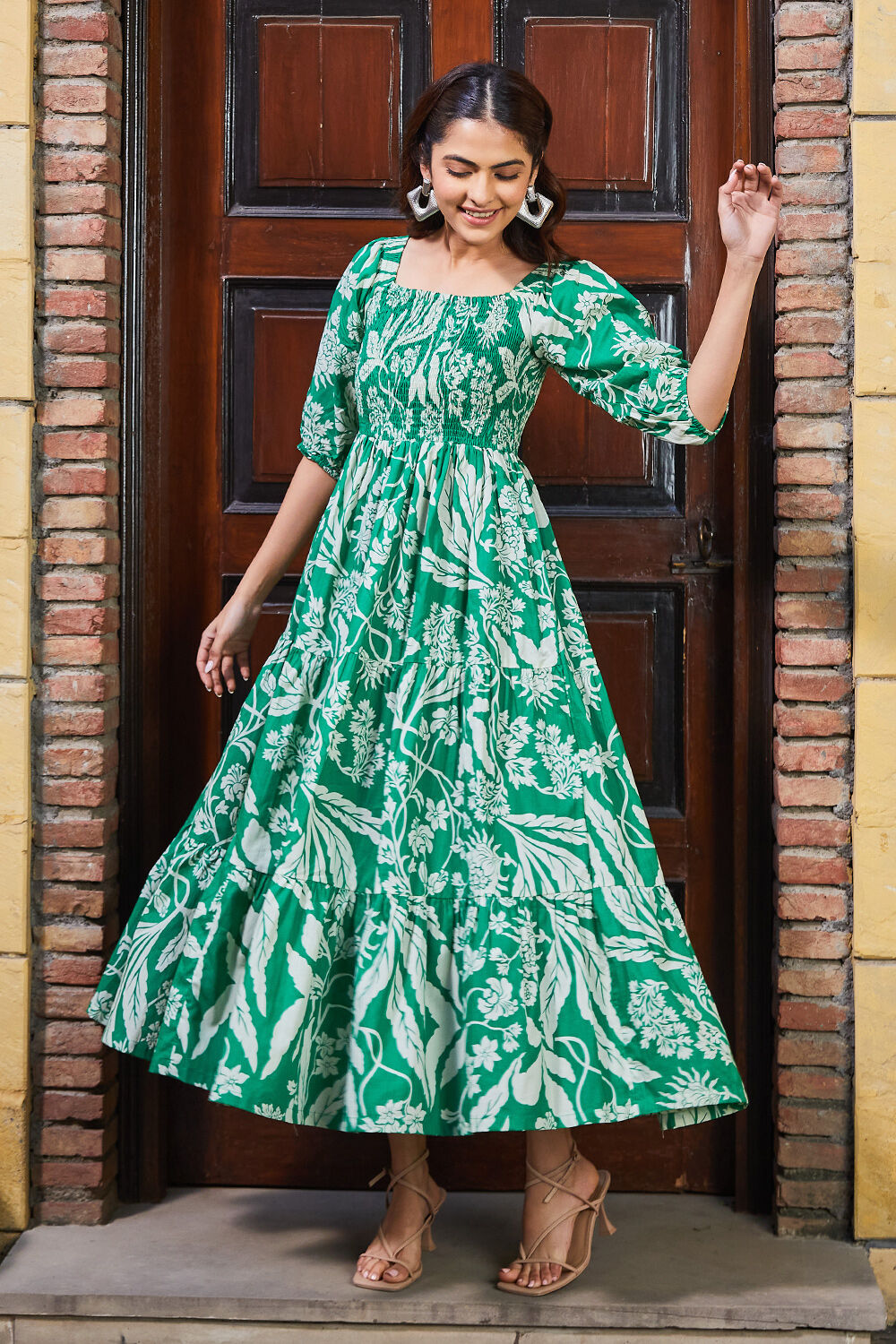 Green Cotton Tiered Dress at Biba India