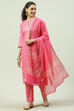 Pink Cotton Screen Print Unstitched Suit Set image number 7