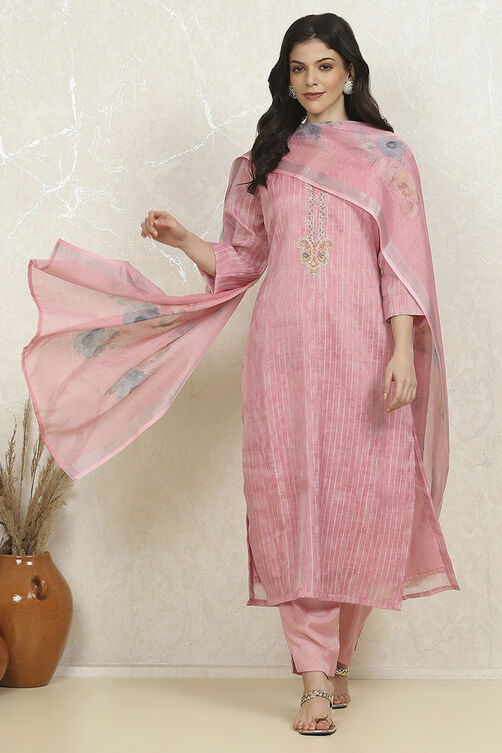 Peach Linen Digital Print Unstitched Suit Set image number 1