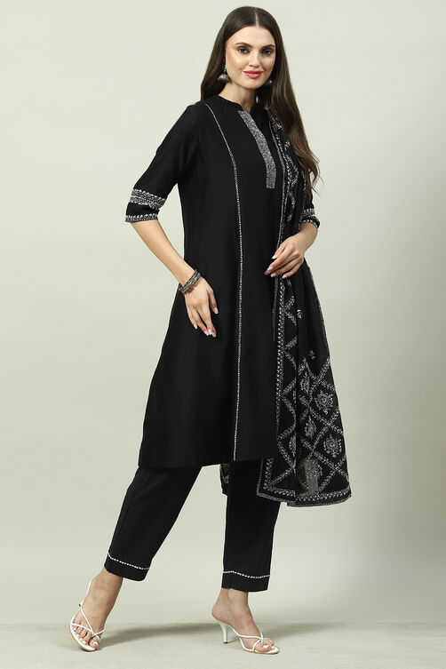 Black Cotton Straight Kurta Relaxed Pants Suit Set image number 5