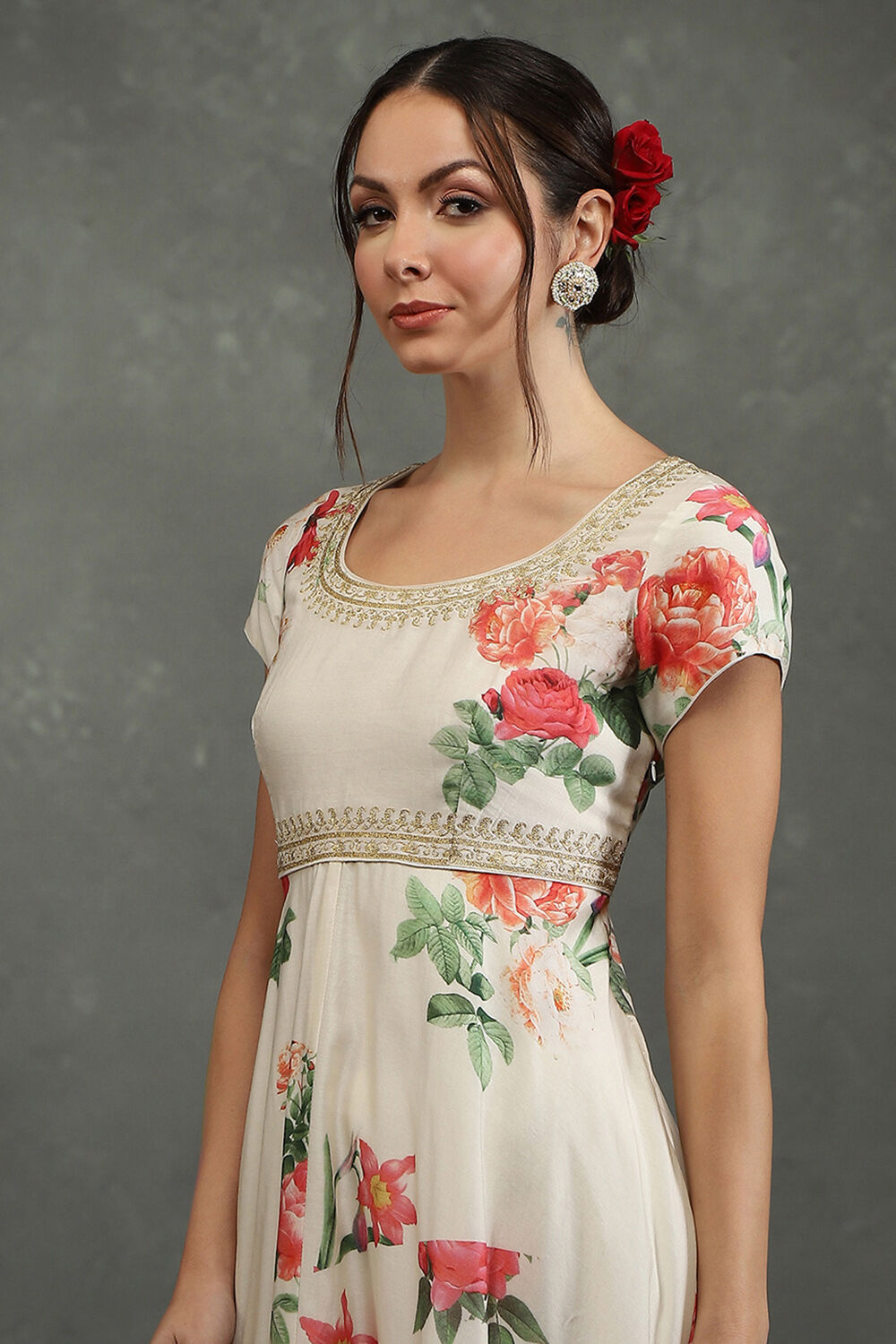 Rohit Bal Cream-Colored Silk Chanderi Floral Printed Anarkali Suit Set image number 1