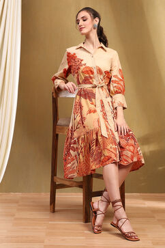 Beige Cotton Floral Printed A-Line Dress image number 0