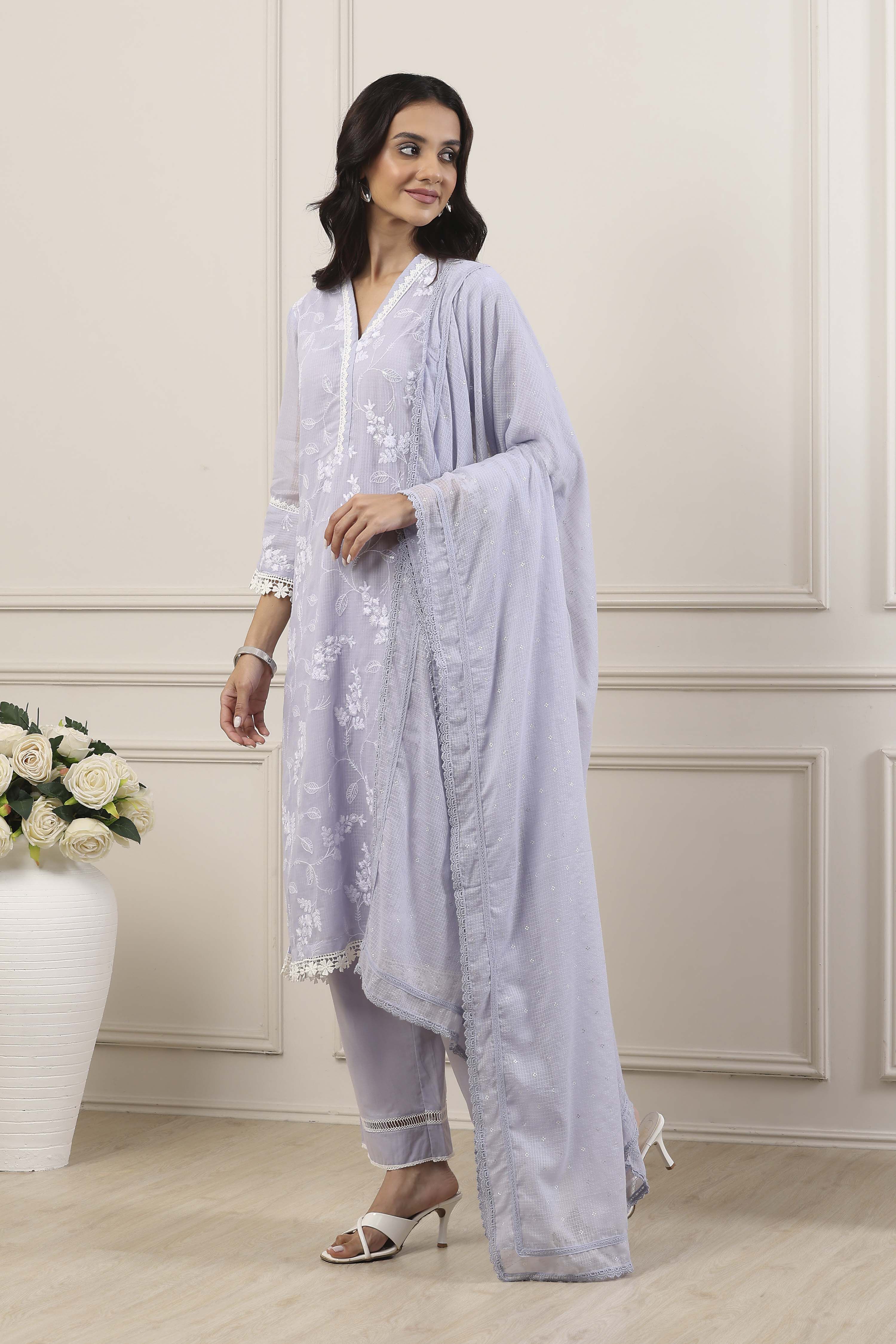 Purple Cotton Straight Suit Set image number 4