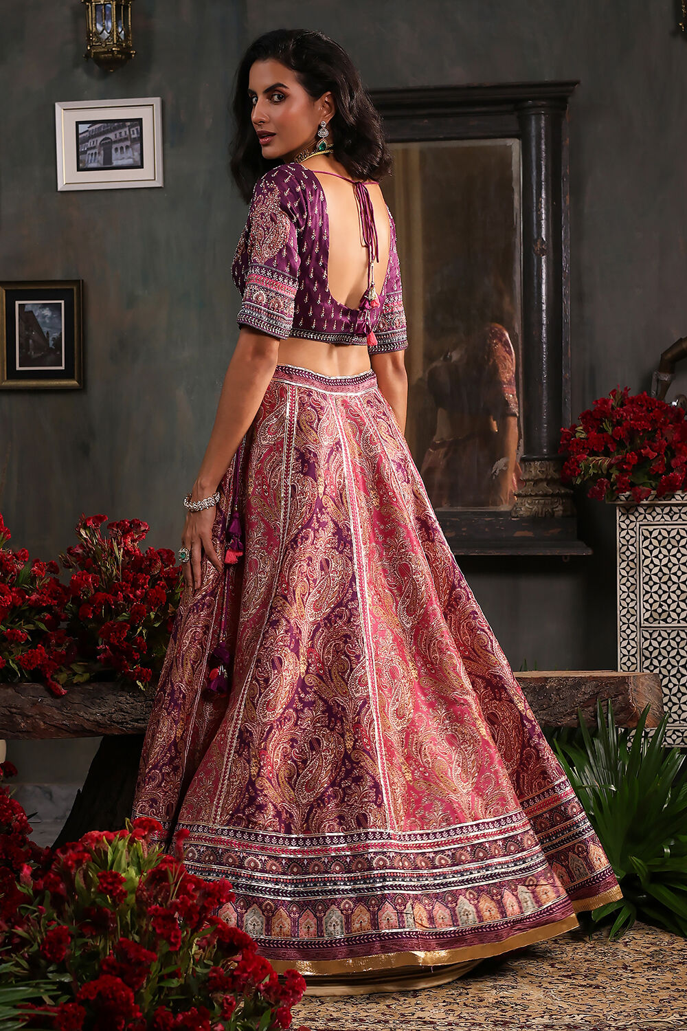 Purple Hand Embroidered Flared Lehenga Set image number 3