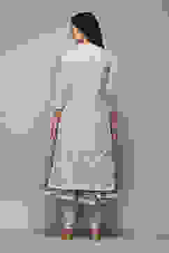 Off White Cotton Layered Printed Kurta Churidar Suit Set image number 5