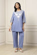 Blue Cotton Embroidered Cutwork Straight Suit Set image number 6