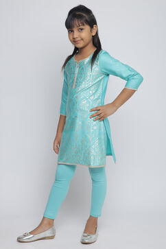 Turquoise Cotton Straight Kurta Legging Suit Set image number 3
