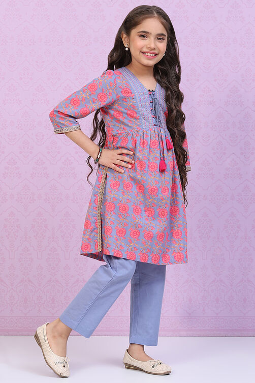 Blue Cotton Straight Printed Kurta Set image number 0