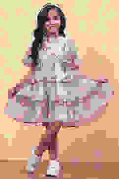 Beige Dobby Net Floral Ruffled Flared Tiered Dress image number 0