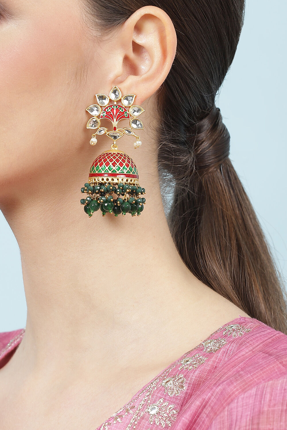 Red Green Meenakari Jhumkas image number 1