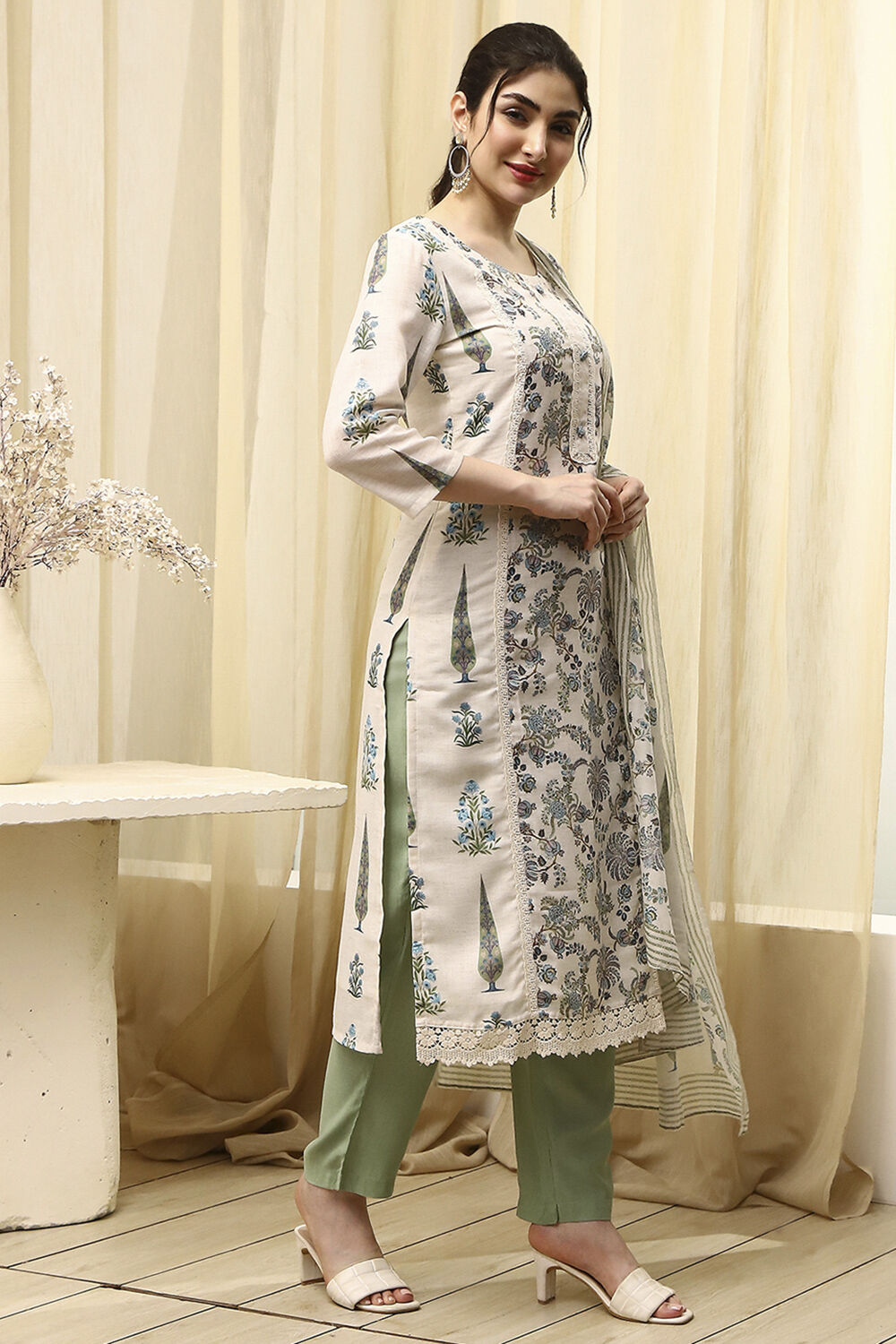 White Blue Cotton Blend Machine Embroidered Unstitched Suit Set image number 5