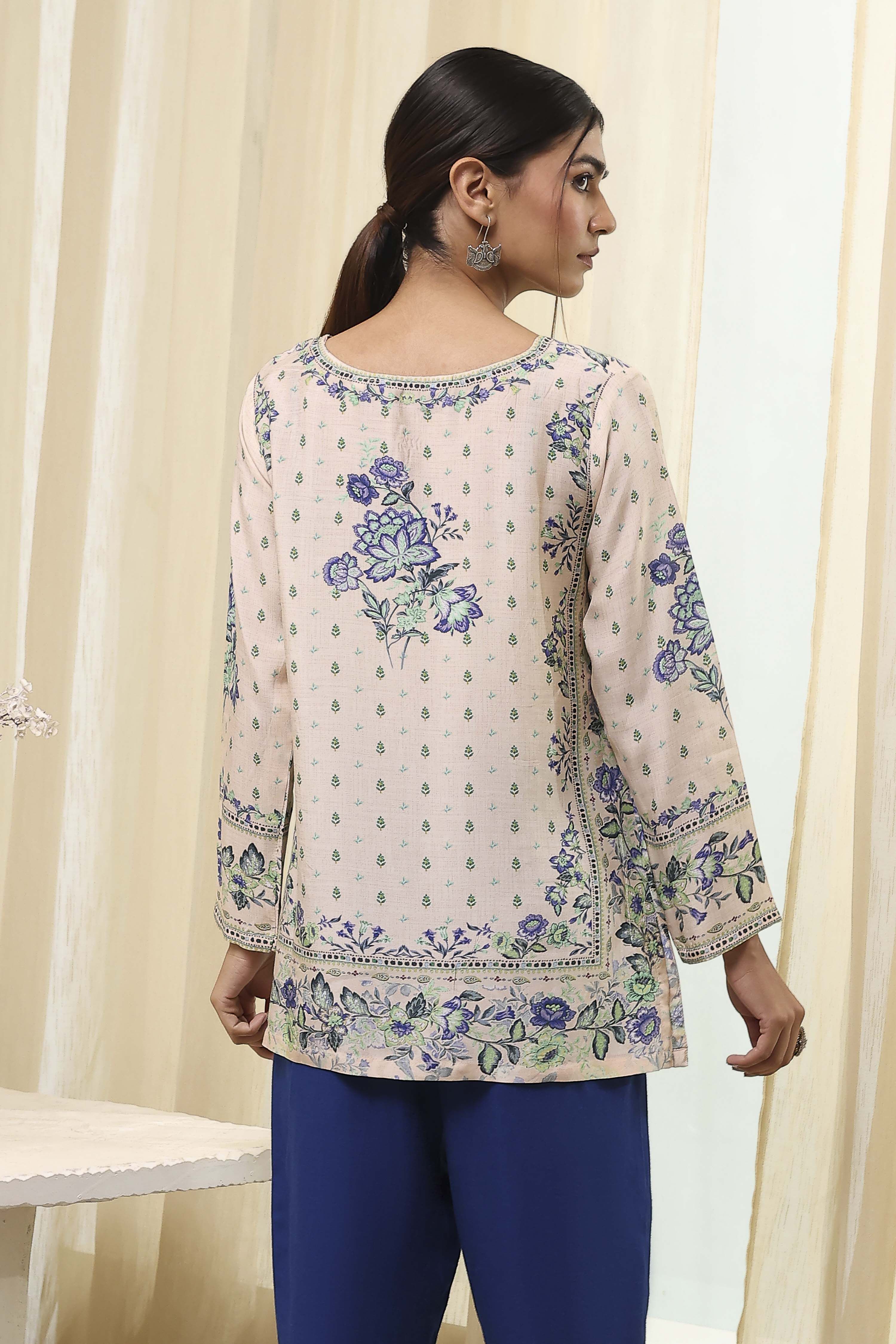 Off-White and Pink Modal Blend Straight Short Kurta image number 3