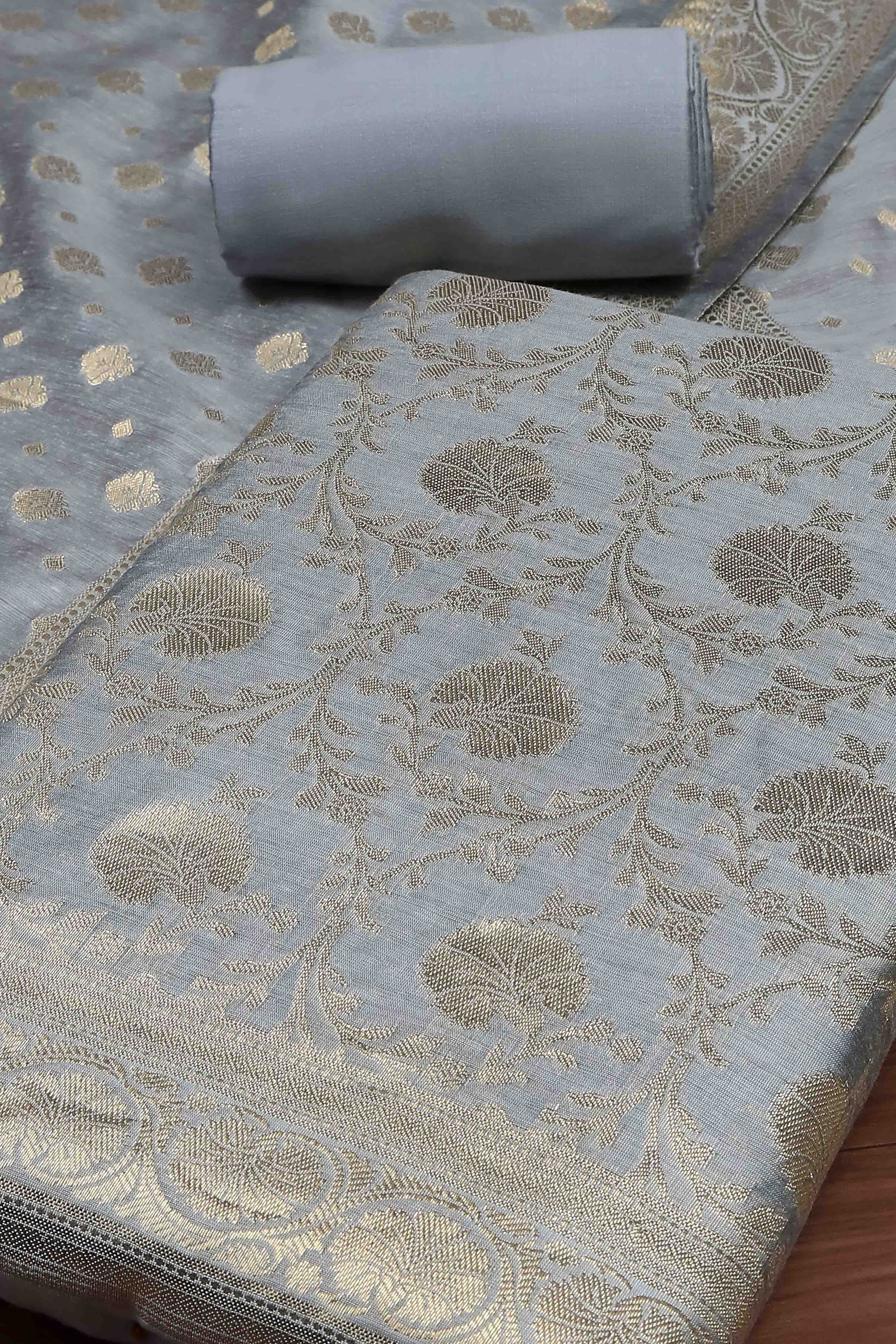 Dusty Grey Banarasi Chanderi Banarasi Print Unstitched Suit Set image number 1