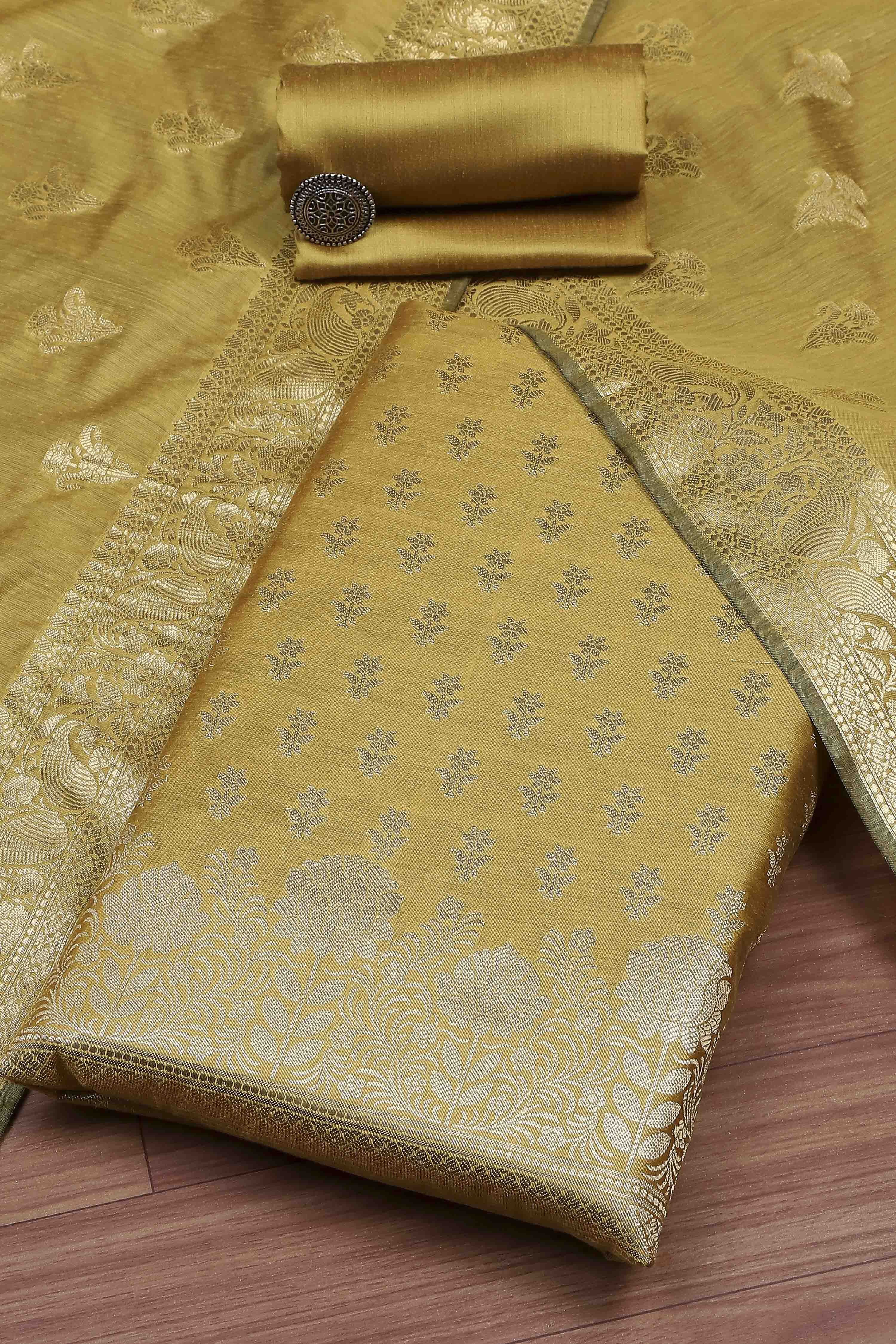 Yellow Banarasi Chanderi Banarasi Print Unstitched Suit Set image number 0