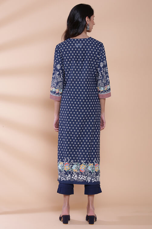 Navy Cotton Straight Printed Kurta image number 6