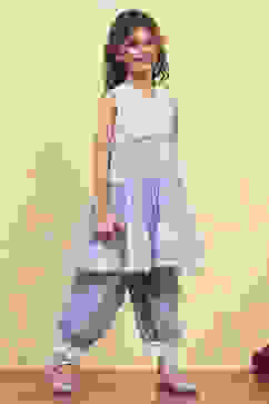 Purple Cotton Tiered Printed Kurta Salwar Set image number 5