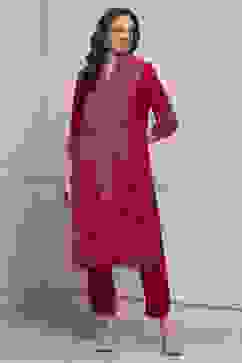 Pink Velvet Straight Winter Kurta Set image number 6