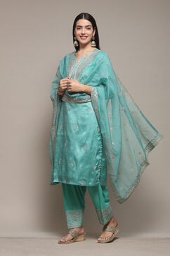 Sea Green Polyester Straight Kurta Salwar Suit Set image number 4