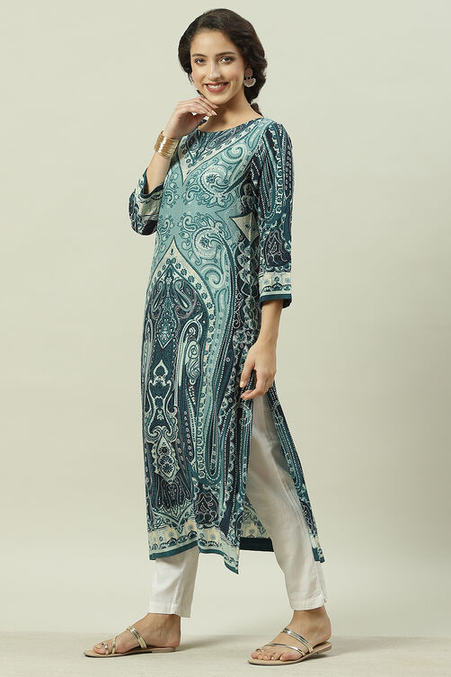 Teal Rayon Straight Printed Kurta image number 3