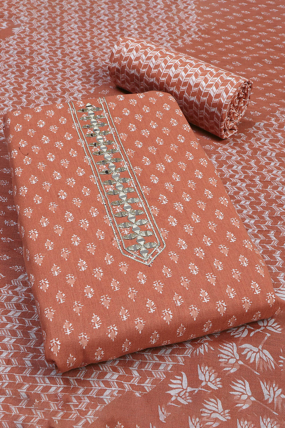 Mustard Yellow Cotton Printed Unstitched Suit Set image number 4