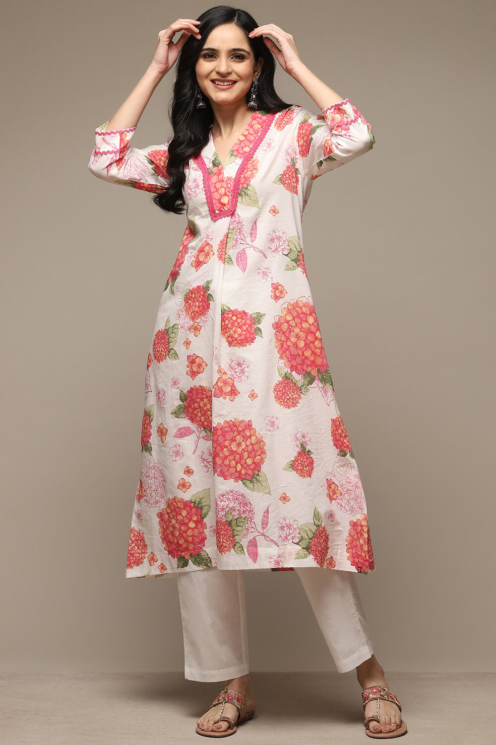 White & Pink Cotton Gathered Kurta Pants Suit Set image number 0