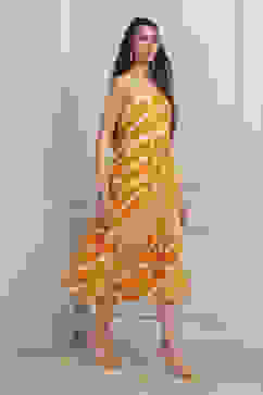 Yellow Cotton Printed Tiered Dress image number 4