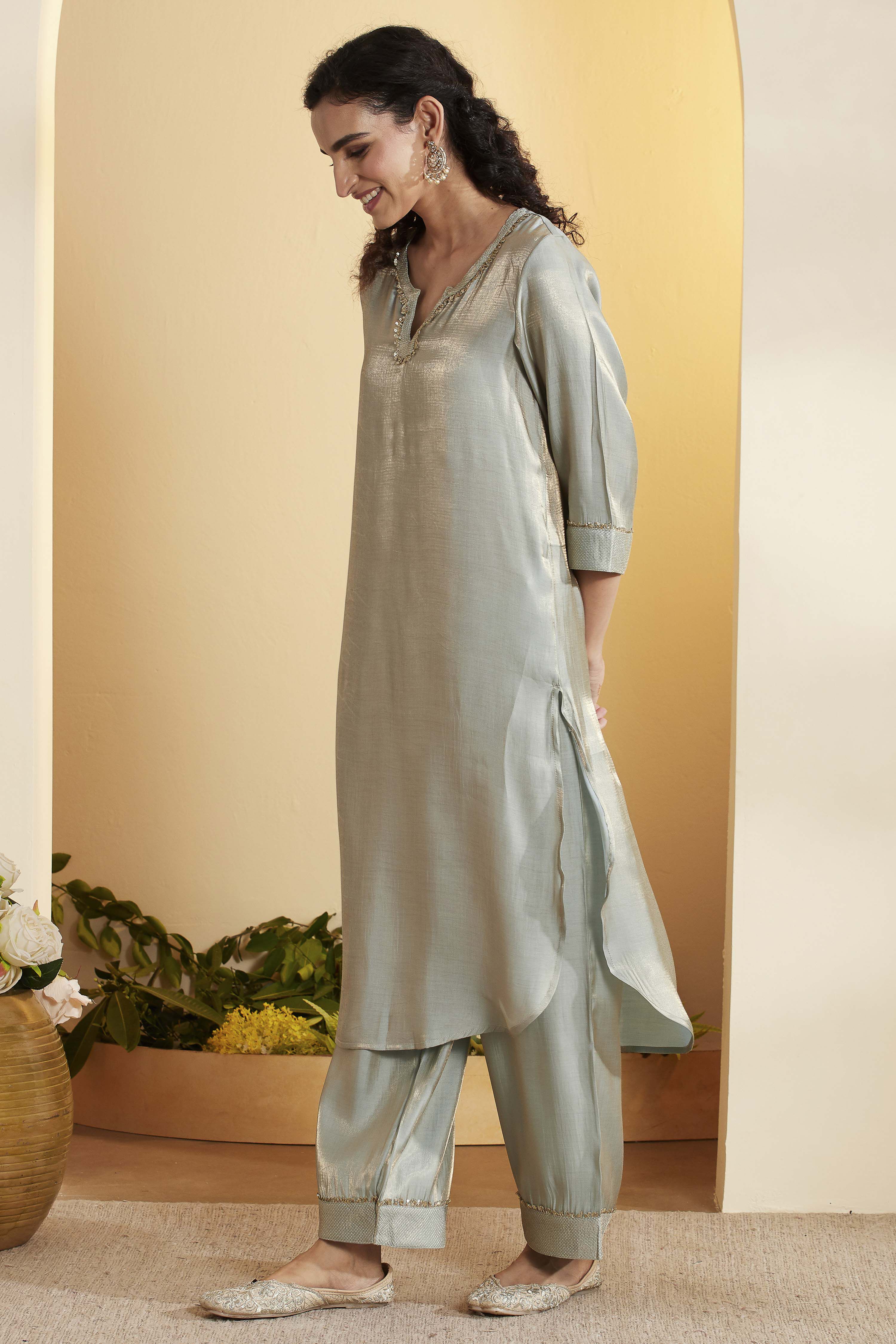 Sky Blue Viscose Rayon Straight Kurta Pants Set image number 3