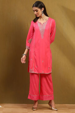 Pink Embroidered Straight Suit Set image number 7