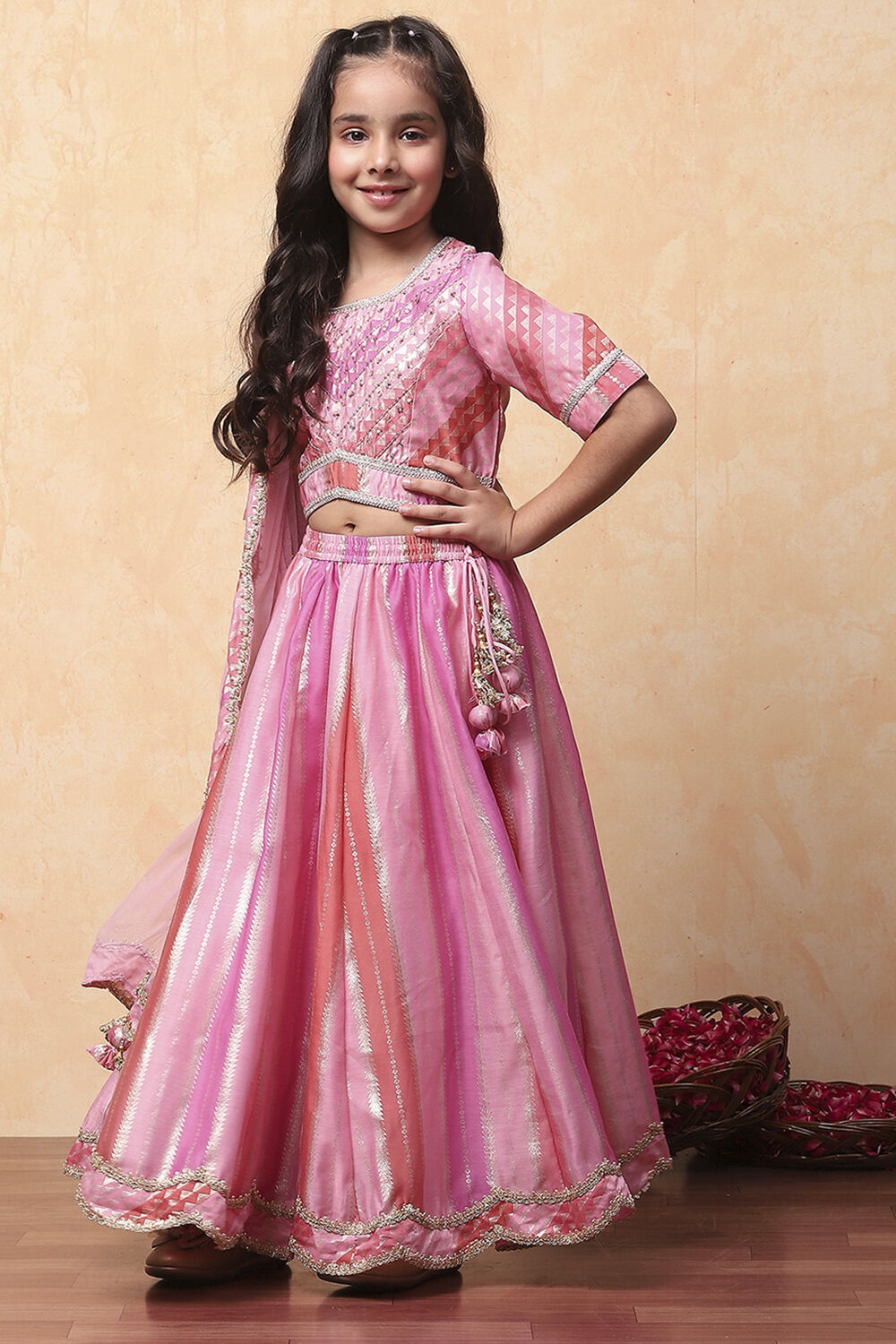 Pink Poly Chanderi Printed Flared Festive Lehenga Set image number 3