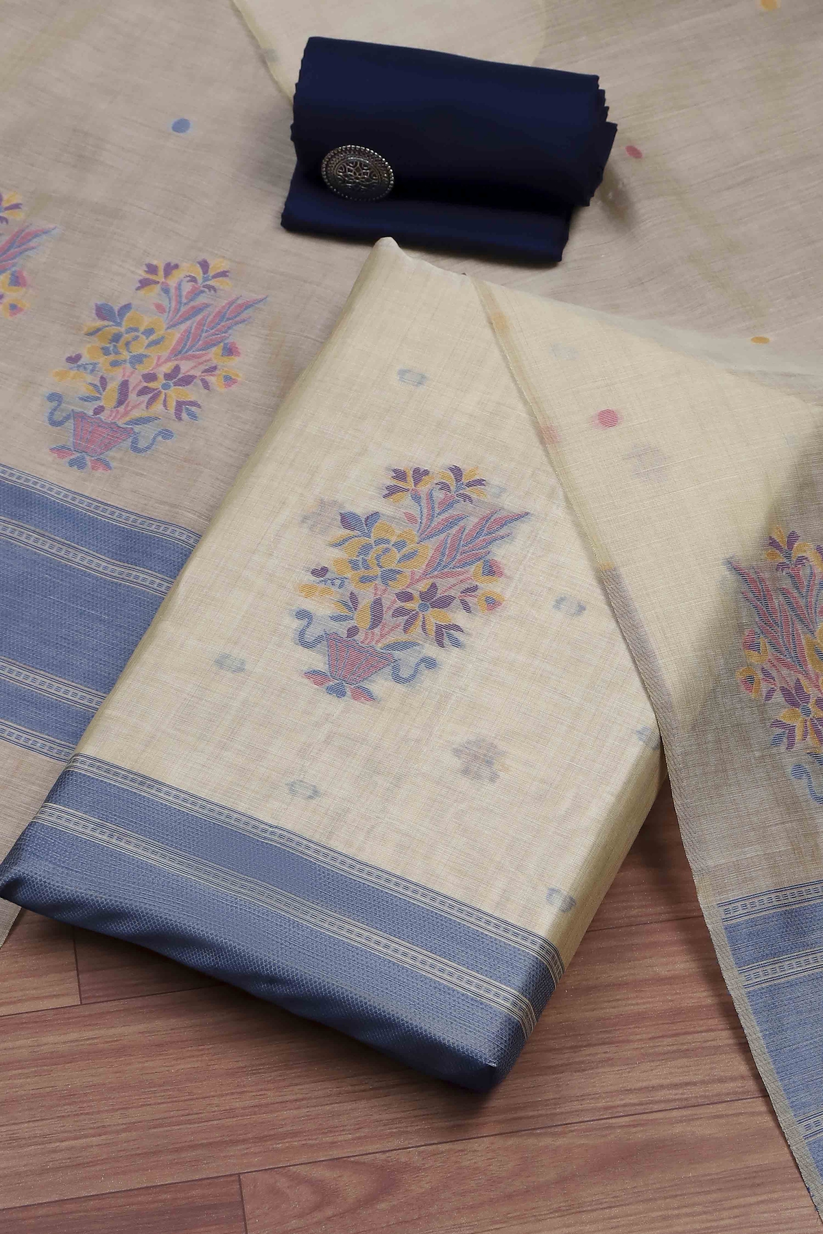 Blue Cotton Printed Embroidered Unstitched Suit Set