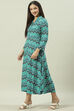 Green Turquoise Rayon A-Line Printed Dress image number 3