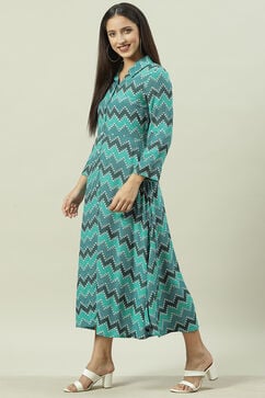 Green Turquoise Rayon A-Line Printed Dress image number 3