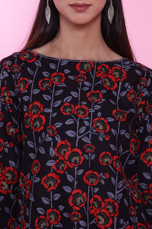 Black Cotton Straight Printed Kurta image number 3