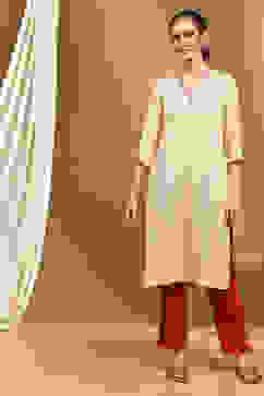 Cream-coloured Printed Regular Fit Straight Kurta image number 5