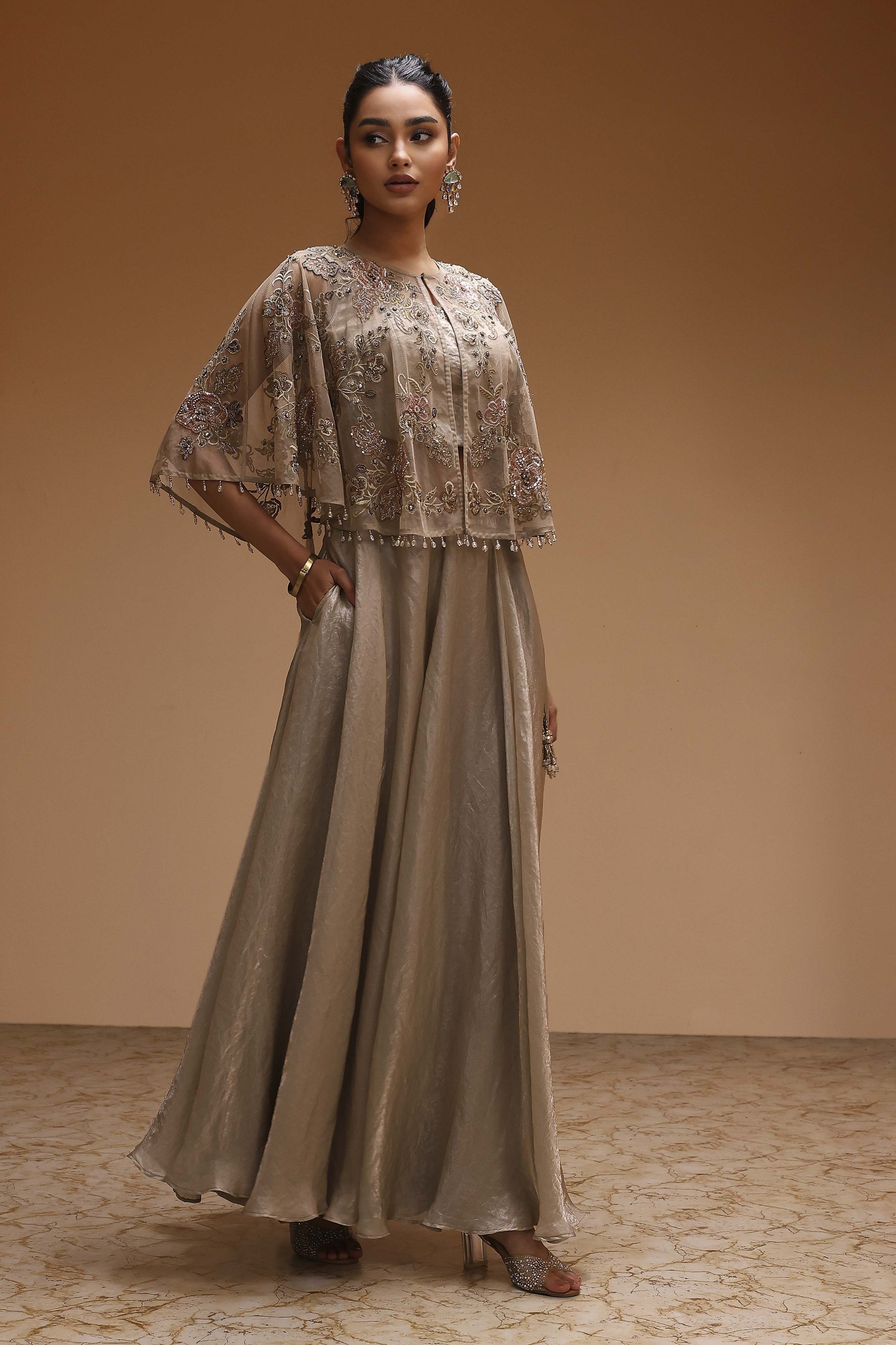 Grey Polyester Floral Embroidered Lehenga Set image number 5