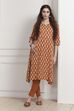 Rust Cotton Ikat Printed A-Line Kurta image number 6